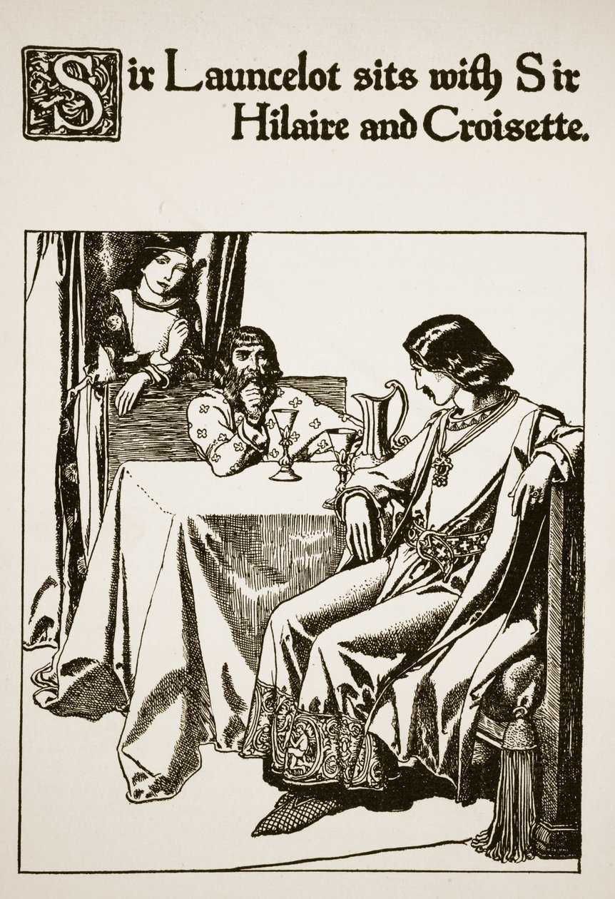 Sir Launcelot siedzi z Sir Hilaire i Croisette, ilustracja z „The Story of the Champions of the Round Table” autorstwa Howard Pyle