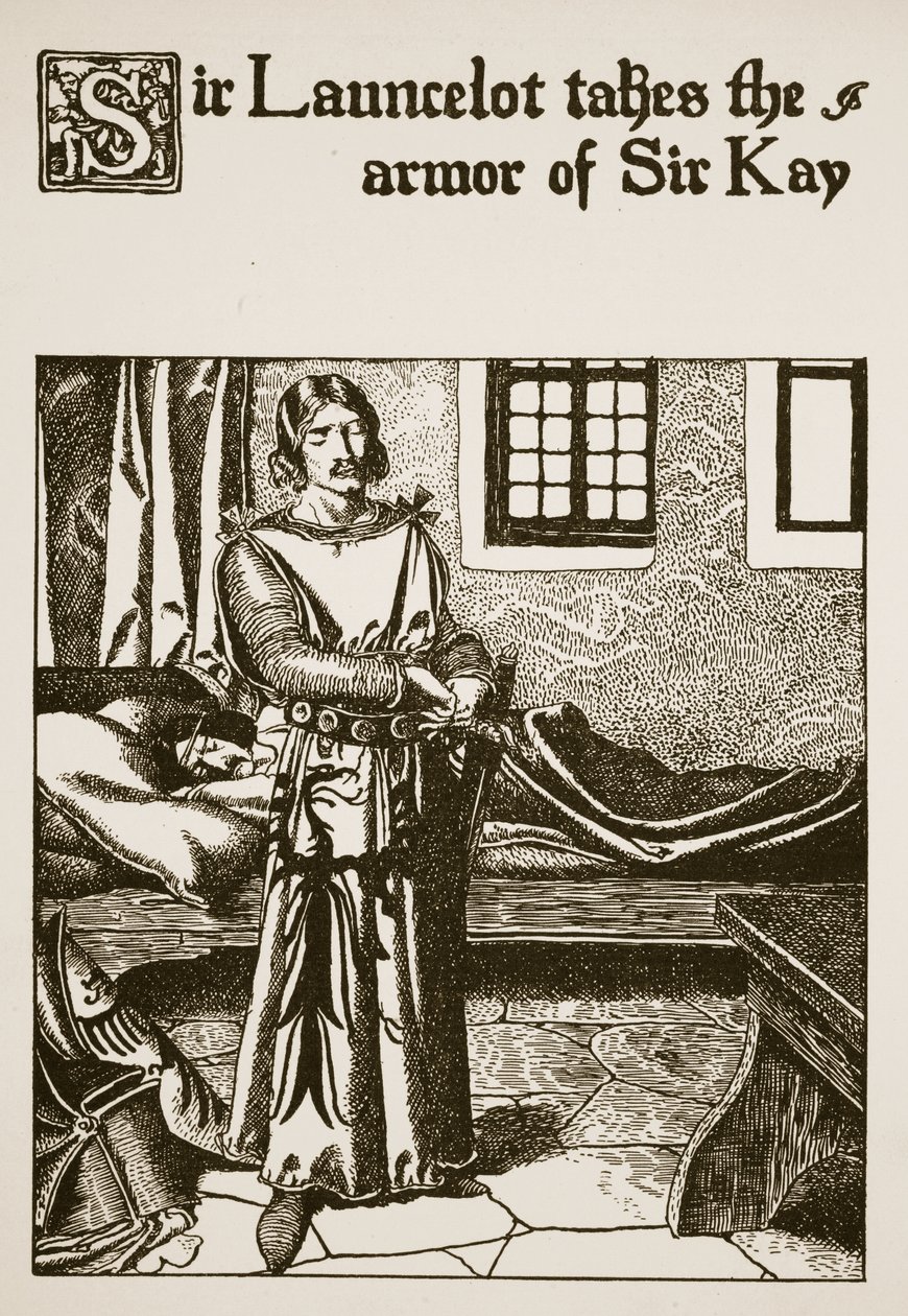 Sir Launcelot bierze zbroję Sir Kaya, ilustrację z „Historii mistrzów Okrągłego Stołu” autorstwa Howard Pyle