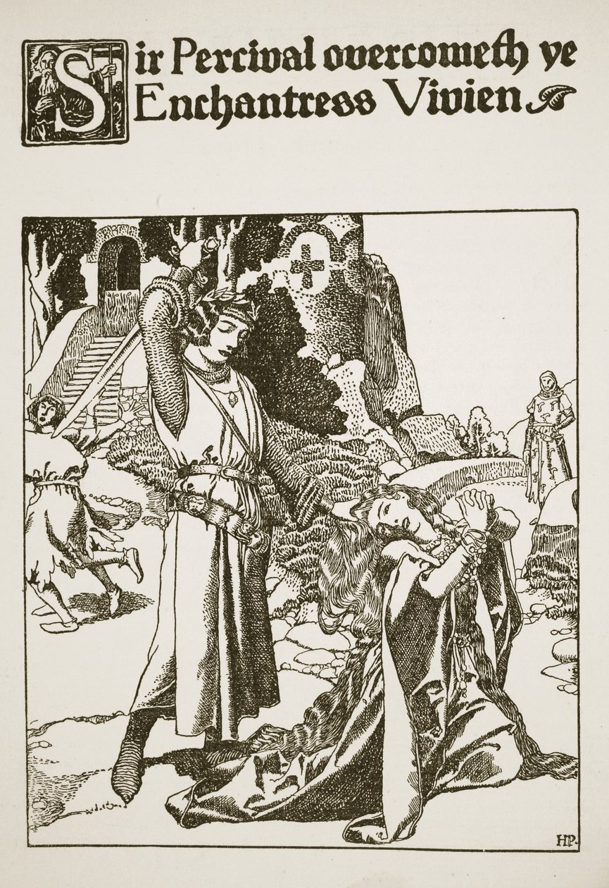 Sir Percival pokonuje zaklinaczkę Vivien, ilustracja z "Opowieści o mistrzach Okrągłego Stołu". autorstwa Howard Pyle
