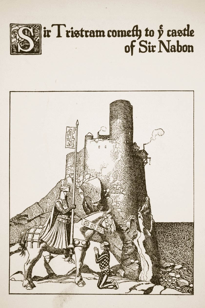 Sir Tristram przybywa do zamku Sir Nabona, ilustracja z "Opowieści o Mistrzach Okrągłego Stołu". autorstwa Howard Pyle