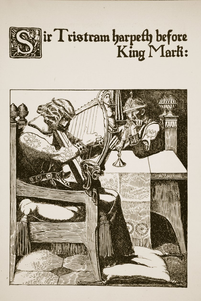 Harfa Sir Tristrama przed Królem Markiem, ilustracja z „Historii mistrzów Okrągłego Stołu” autorstwa Howard Pyle