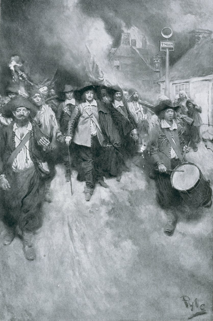 The Burning of Jamestown, 1676, ilustracja z „Kolonie i naród” Woodrowa Wilsona, wyd. w Magazynie Harpera, 1901 (lito) autorstwa Howard Pyle