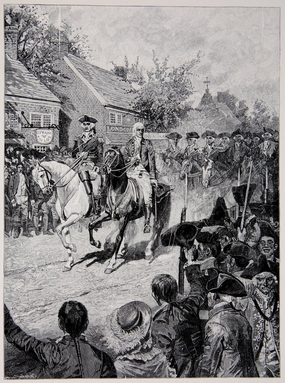 Procesja Cywilna pod przewodnictwem generała Waszyngtona i gubernatora Clintona autorstwa Howard Pyle