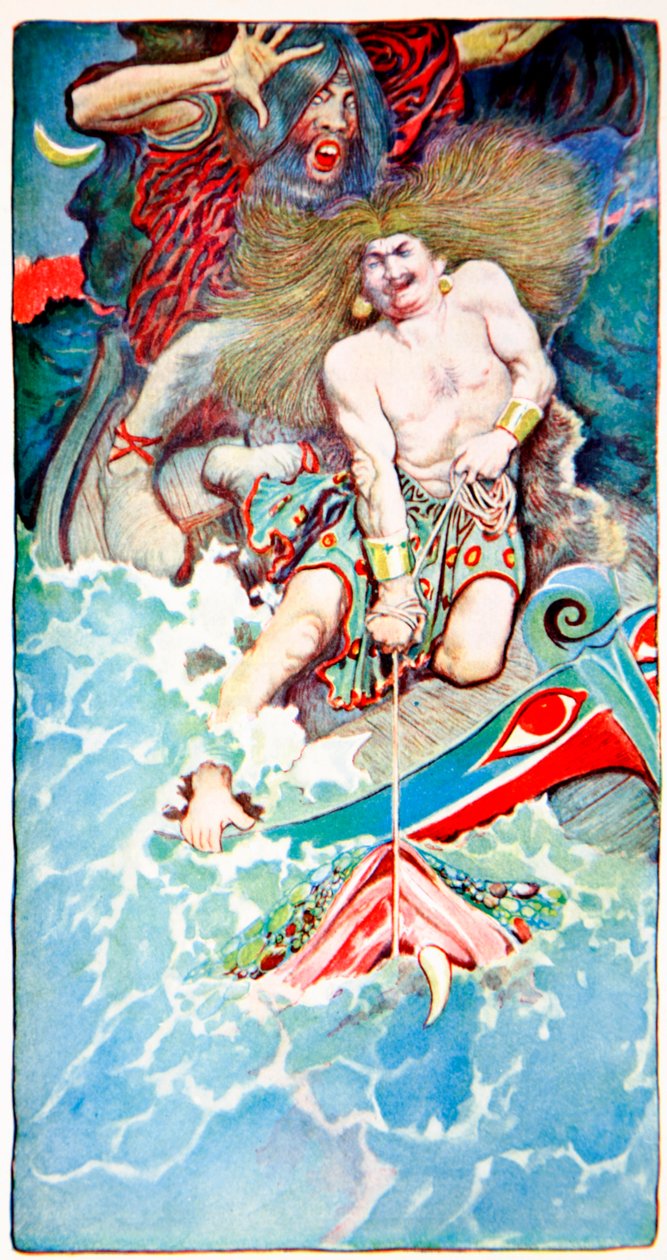 Połów ryb przez Thora i Hymira, z Legendy ludowe o morzu, Harpers Magazine, 1902 autorstwa Howard Pyle
