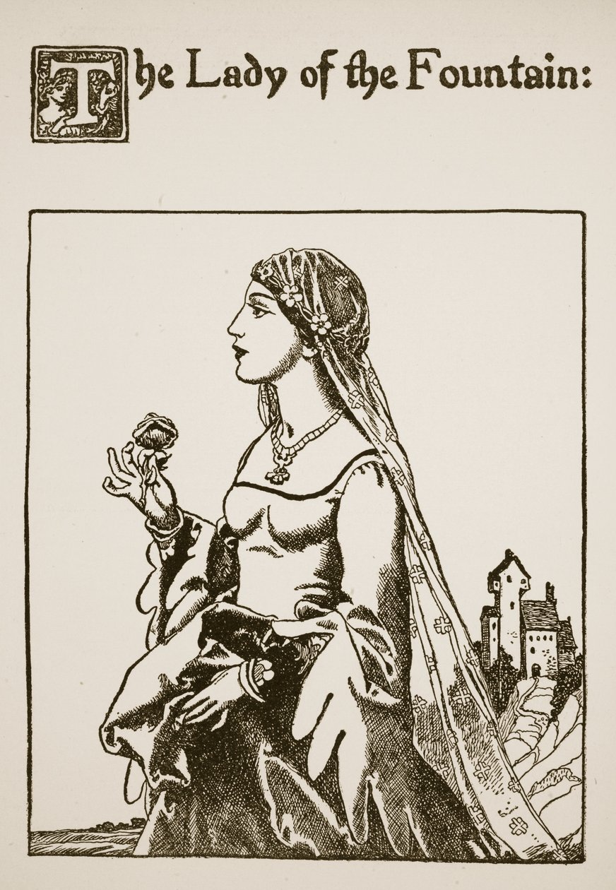 Pani z Fontanny, ilustracja z Historii Sir Launcelota i jego towarzyszy, 1907 autorstwa Howard Pyle