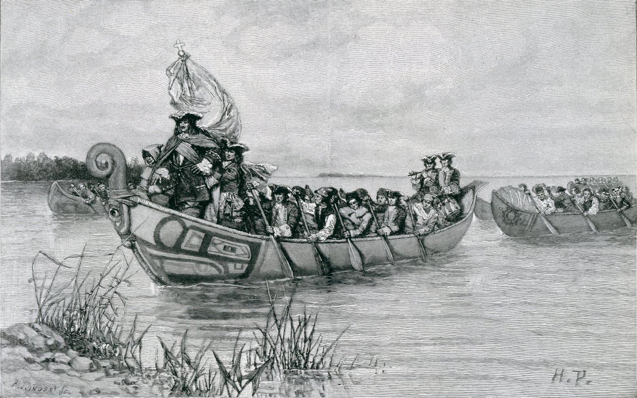 Lądowanie Cadillaca, ilustracja z „Miasta cieśniny” Edmunda Kirke, wyd. w Magazynie Harpera, 1886 autorstwa Howard Pyle