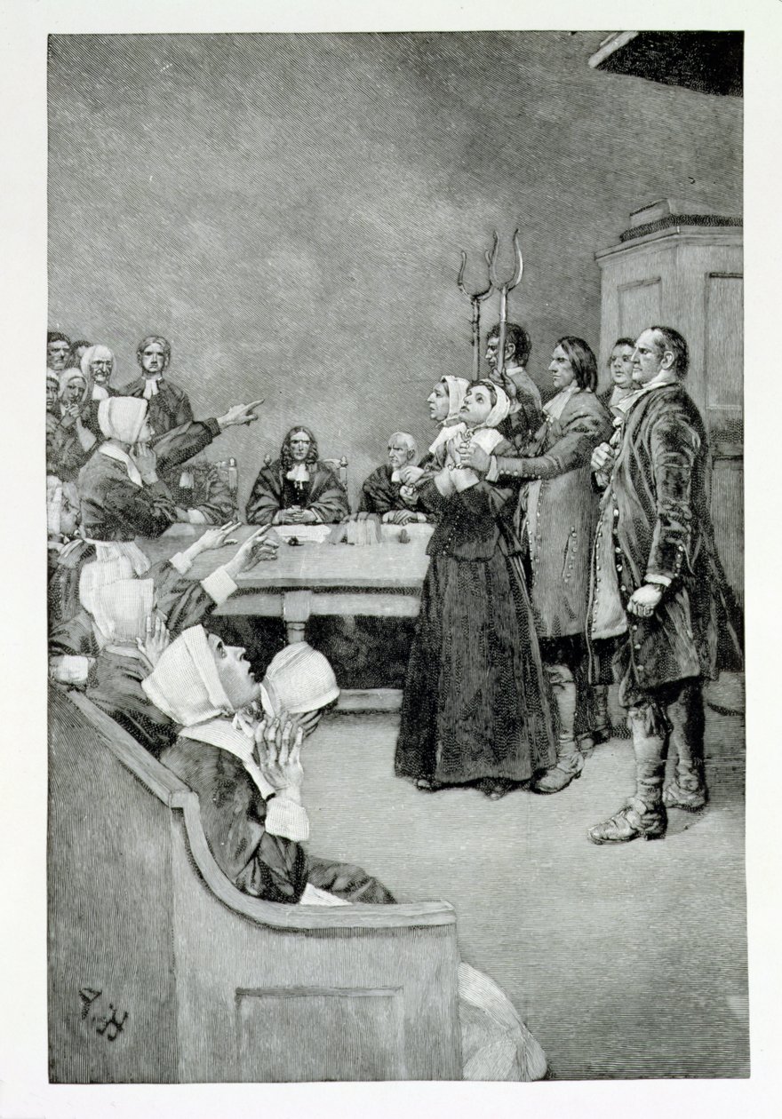 Proces czarownicy, ilustracja z „Giles Corey, Yeoman” Mary E. Wilkins, wyd. w Magazynie Harpera, 1892 autorstwa Howard Pyle