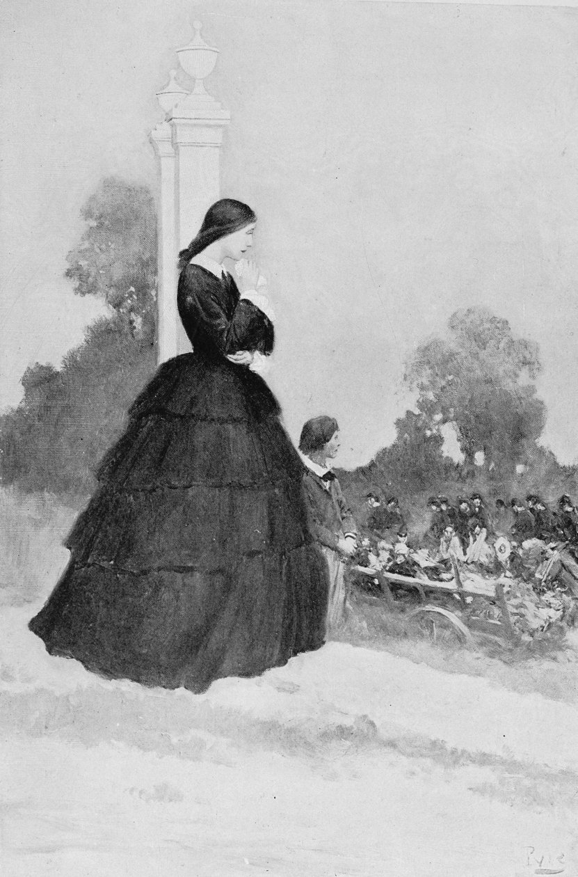 Przywieźli swoich zmarłych i rannych na wozach z sianem, ilustracja z „Non-Combatants” Roberta W. Chambersa, wyd. w Magazynie Harpera, 1904 autorstwa Howard Pyle