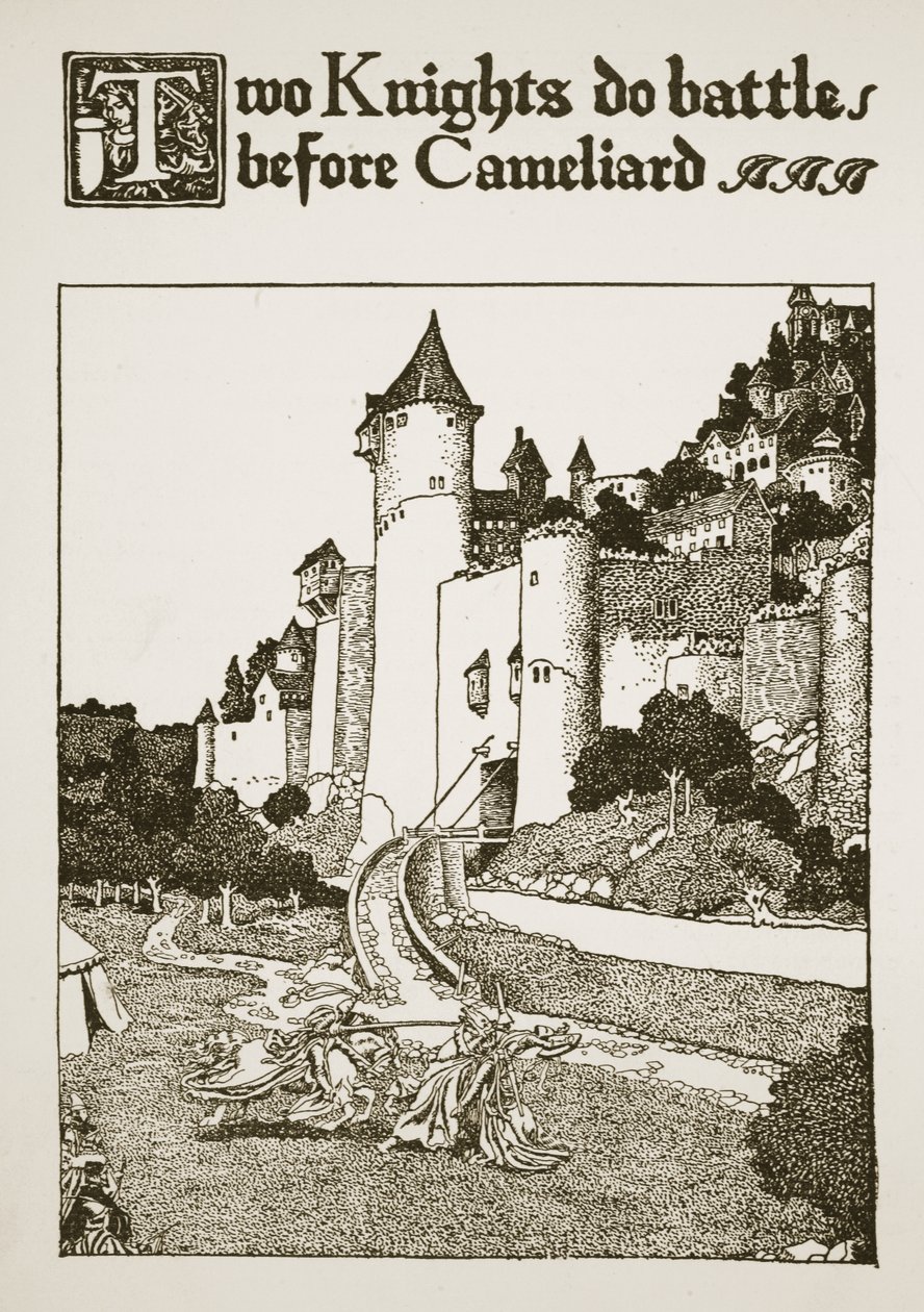 Dwaj rycerze walczą przed Cameliardem, ilustracja z „Historii króla Artura i jego rycerzy”, 1903 autorstwa Howard Pyle