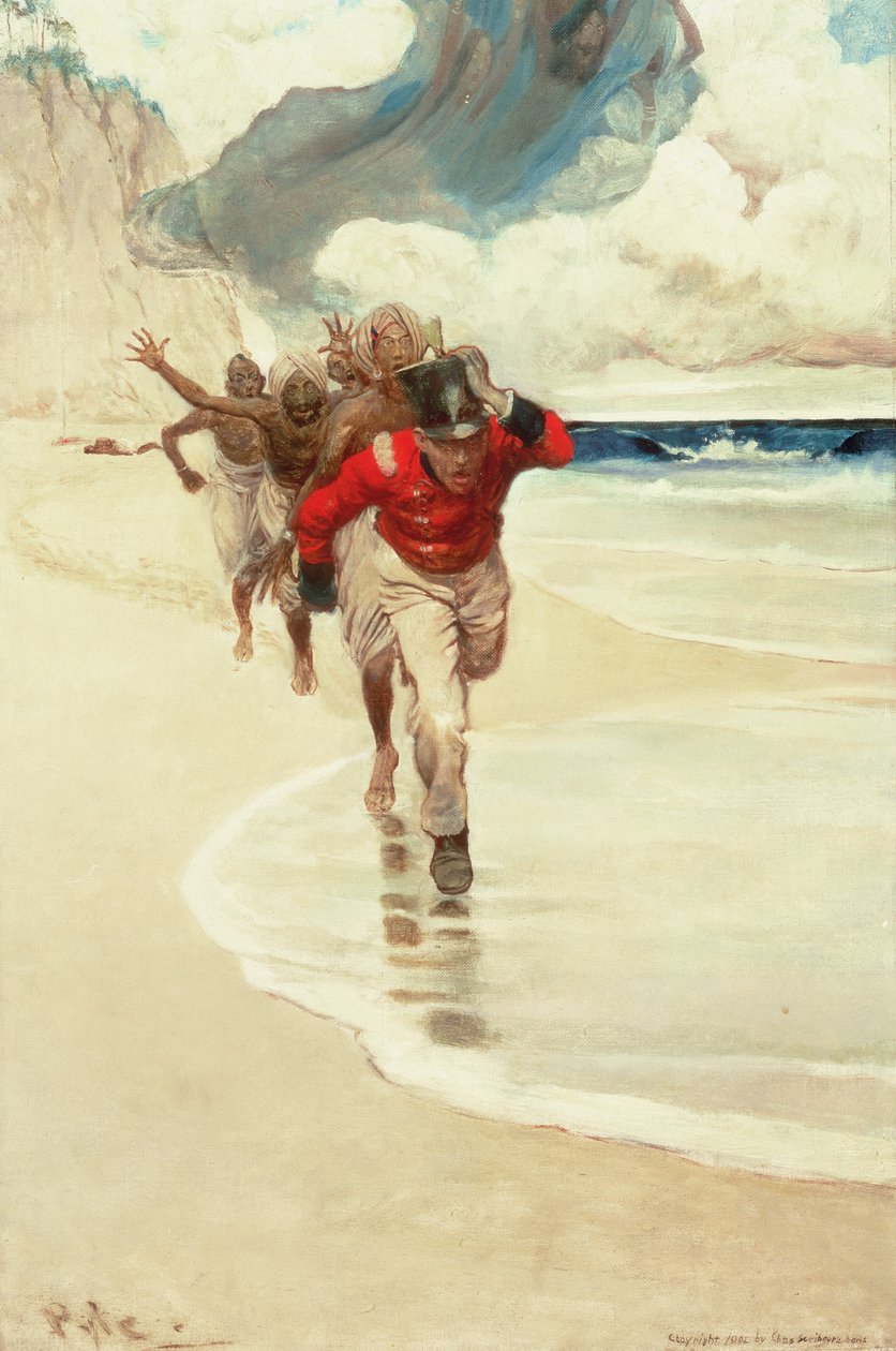Zaczęliśmy biec z powrotem na tratwę o nasze życie, z książki „Sinbad on Burrator” Arthura Quiller-Couch (1863-1944), opublikowanej w Scribner