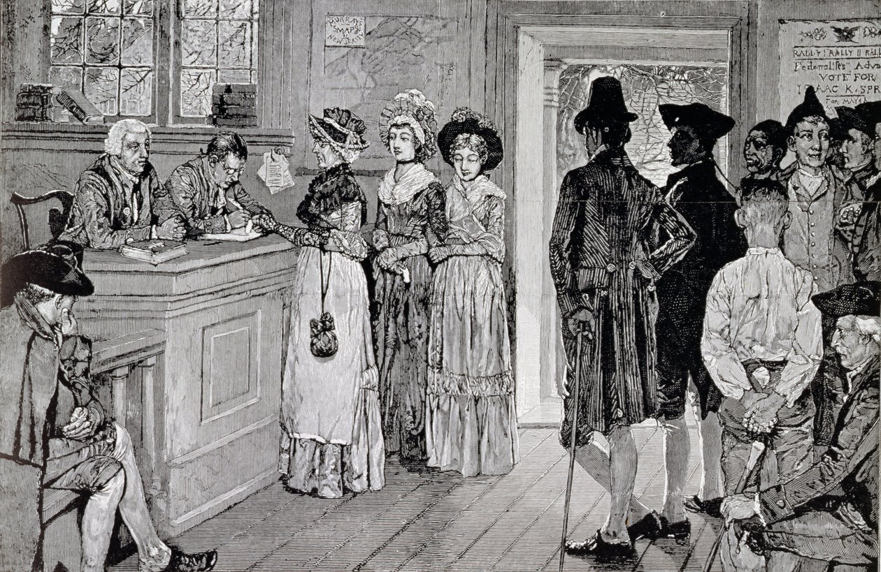 Kobiety w sondażach w New Jersey, ilustracja z „Kobiety w sondażach w New Jersey w starych dobrych czasach”, wyd. w „Tygodniku Harpera”, 1880 autorstwa Howard Pyle