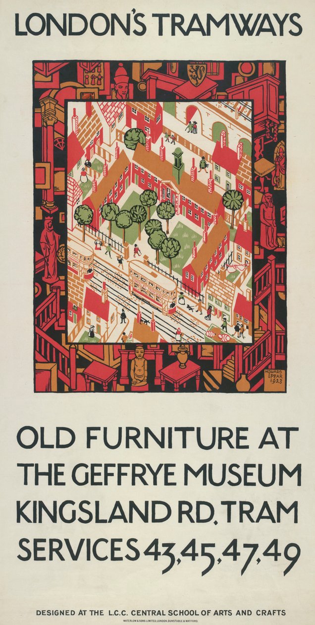 „Old Furniture At The Geffrye Museum”, plakat London County Council LCC Tramways, 1924 autorstwa Howard Spear