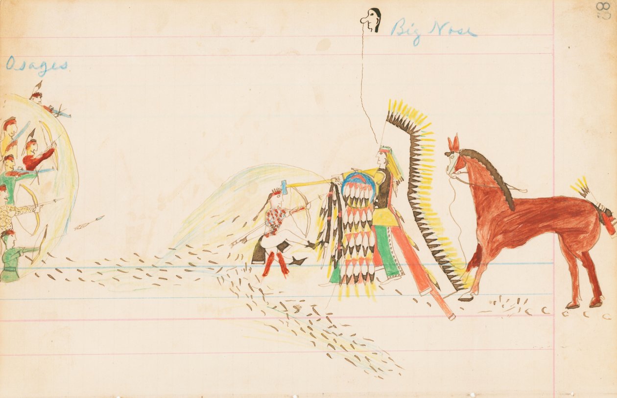Osages, Big Nose, 1874-75 (pióro, tusz i wc na papierze firmowym) autorstwa Howling Wolf