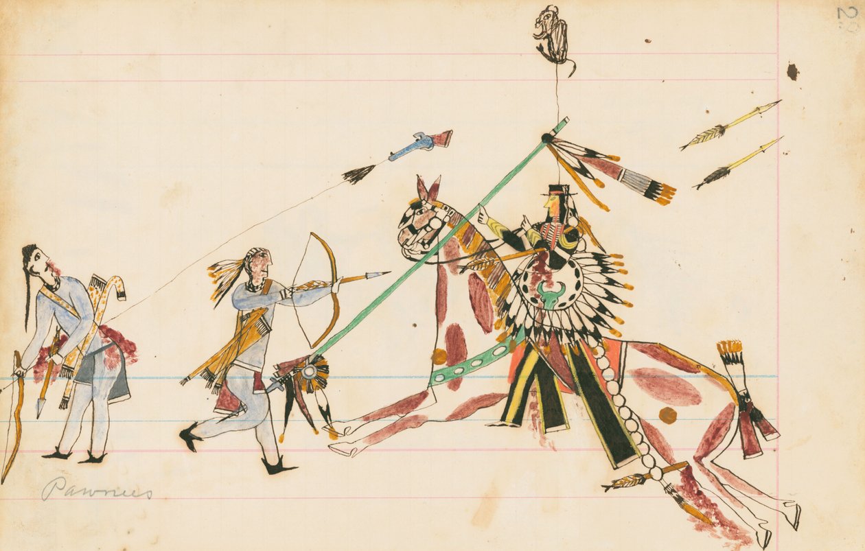 Pawnees, 1874-75 (pióro, atrament i wc na papierze księgowym) autorstwa Howling Wolf