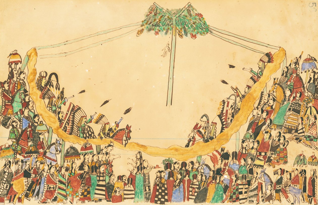 Wojownicy wkraczający do Loży Medycyny przed rozpoczęciem tańca, 1874-75 (pióro, atrament i toaleta na papierze księgowym) autorstwa Howling Wolf