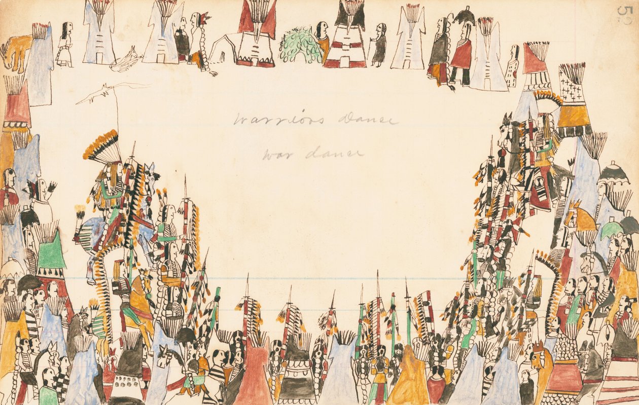 Warriors Dance War Dance, 1874-75 (pióro, atrament i toaleta na papierze księgowym) autorstwa Howling Wolf