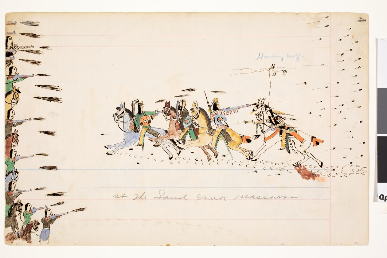 W masakrze w Sand Creek, 1874-75 (pióro, atrament i toaleta na papierze księgowym) autorstwa Howling Wolf