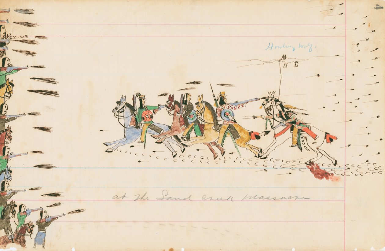W masakrze w Sand Creek, 1874-75 (pióro, atrament i toaleta na papierze księgowym) autorstwa Howling Wolf