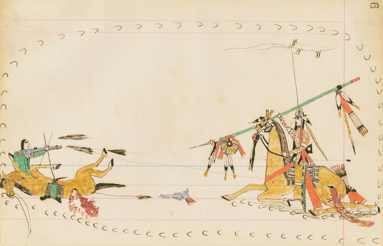 Wyjący wilk i inny wojownik, 1874-75 (pióro, tusz i wc na papierze firmowym) autorstwa Howling Wolf