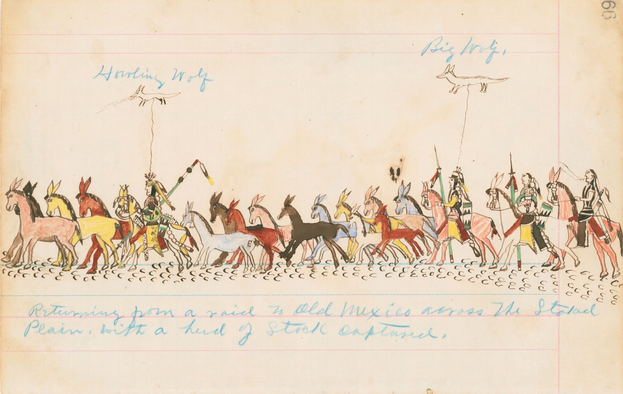 Powrót z najazdu do Starego Meksyku przez Równiny Staked z przechwyconym stadem, 1874-75 (pióro, atrament i toaleta na papierze księgowym) autorstwa Howling Wolf