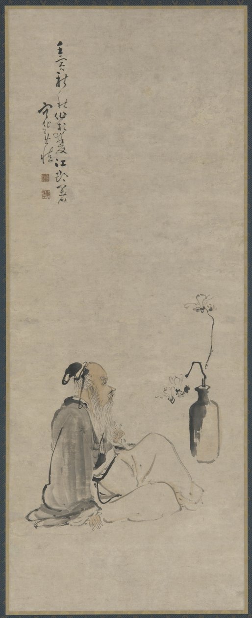 Stary człowiek wpatrujący się w gałęzie magnolii w wazonie, dynastia Qing, 1722 (tusz i kolor na papierze) autorstwa Huang Shen