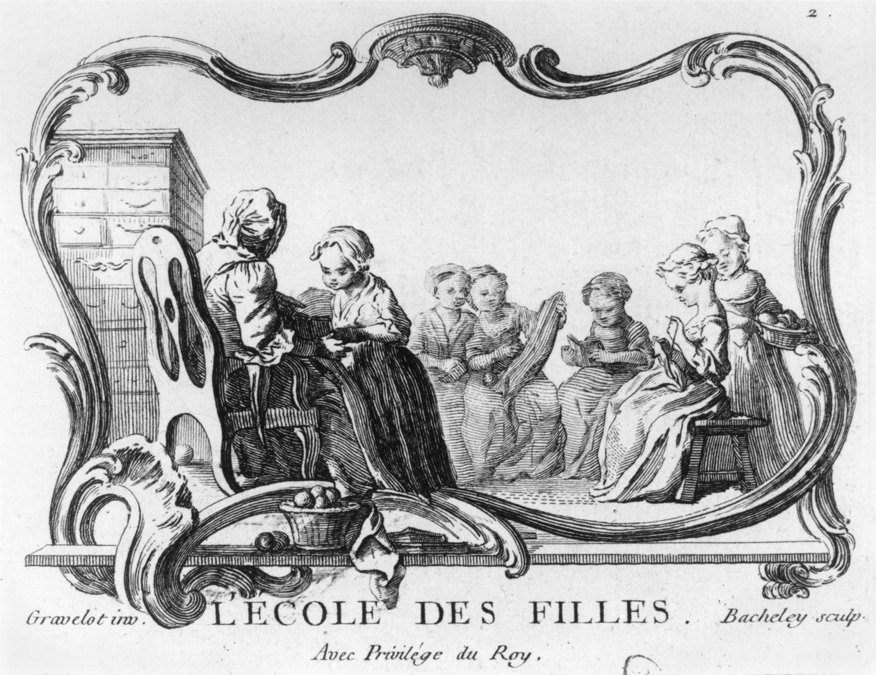Szkoła dla dziewcząt, klasa szycia, rycina Jacques Bacheley (1712-81) autorstwa Hubert Francois Gravelot