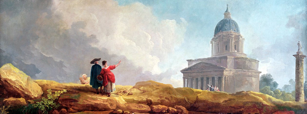 Kościół pokazywany podróżnikowi w rozległym krajobrazie autorstwa Hubert Robert