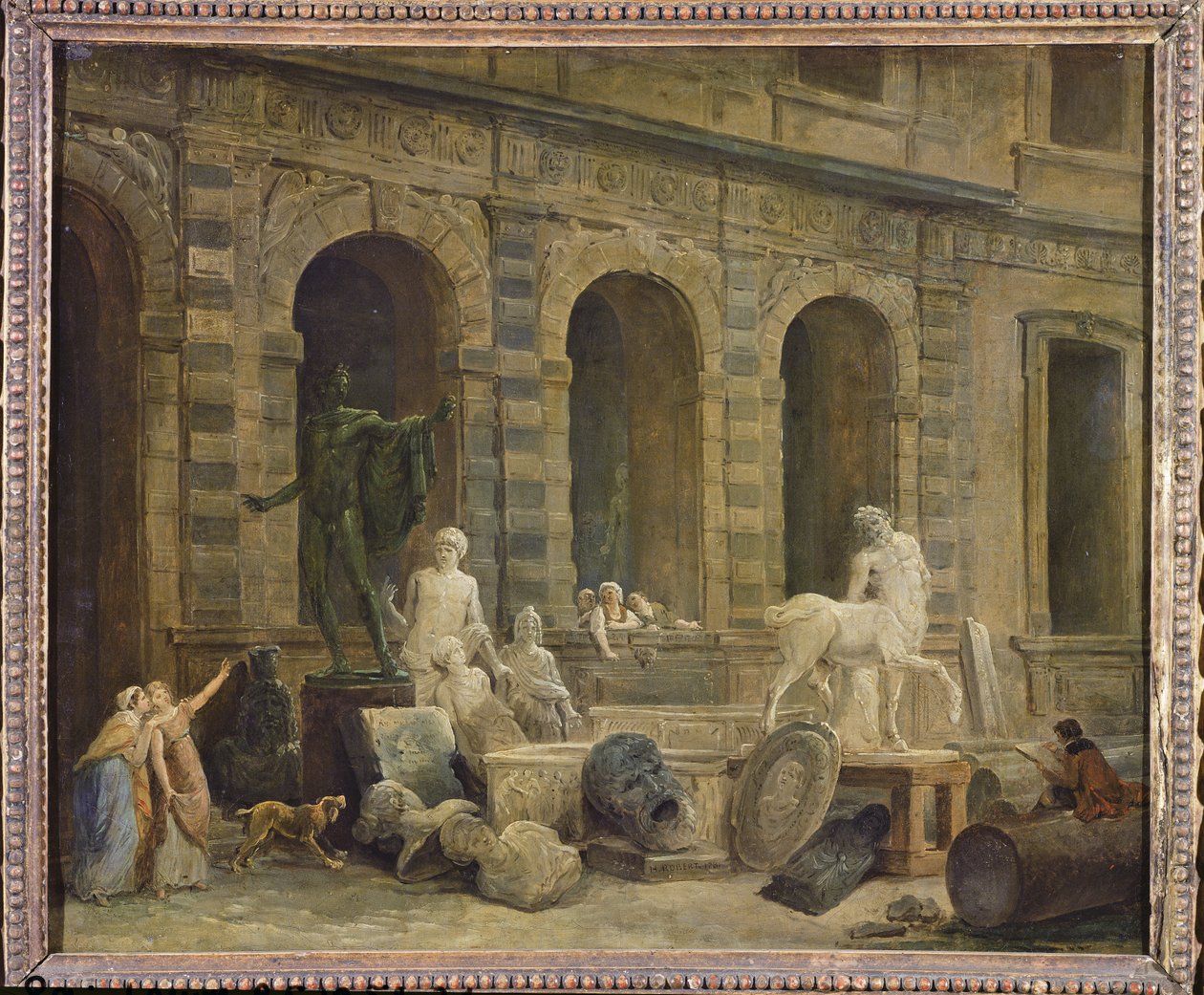 Mężczyzna rysujący antyki przed Małą Galerią Luwru, 1781 r. autorstwa Hubert Robert