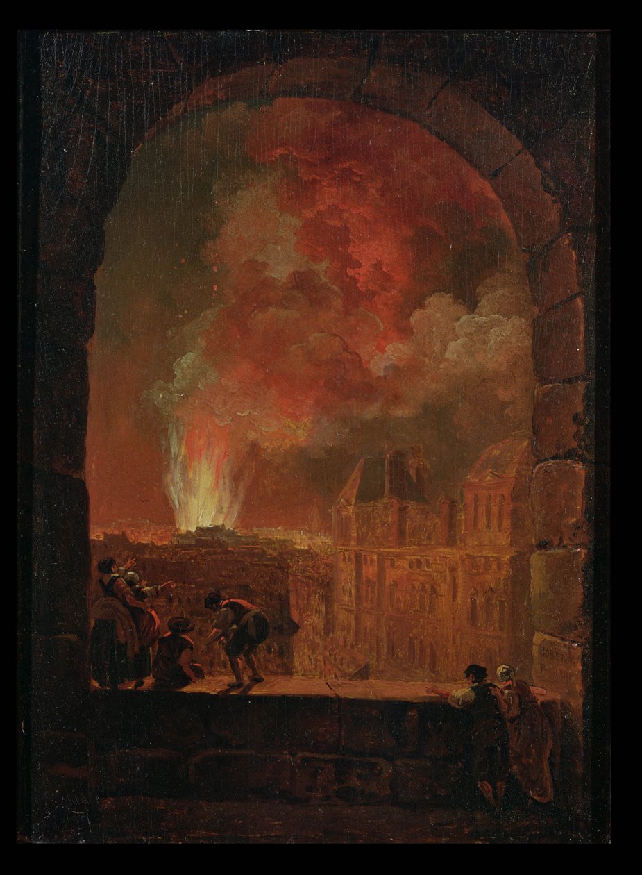 Pożar w Operze Palais-Royal, Widok z Luwru, 1781 autorstwa Hubert Robert
