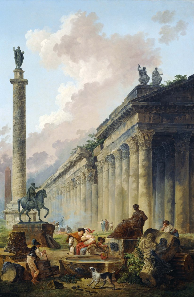 Wyobrażony widok Rzymu z konnym posągiem Marka Aureliusza, kolumną Trajana i świątynią autorstwa Hubert Robert