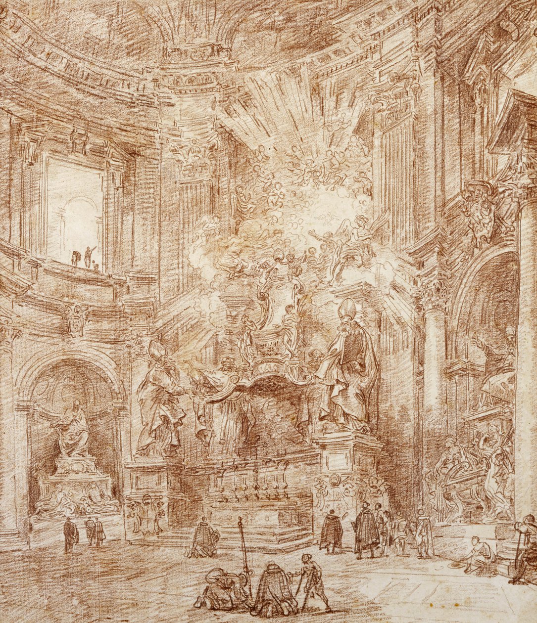 Wnętrze kościoła (czerwona kreda na papierze) autorstwa Hubert Robert