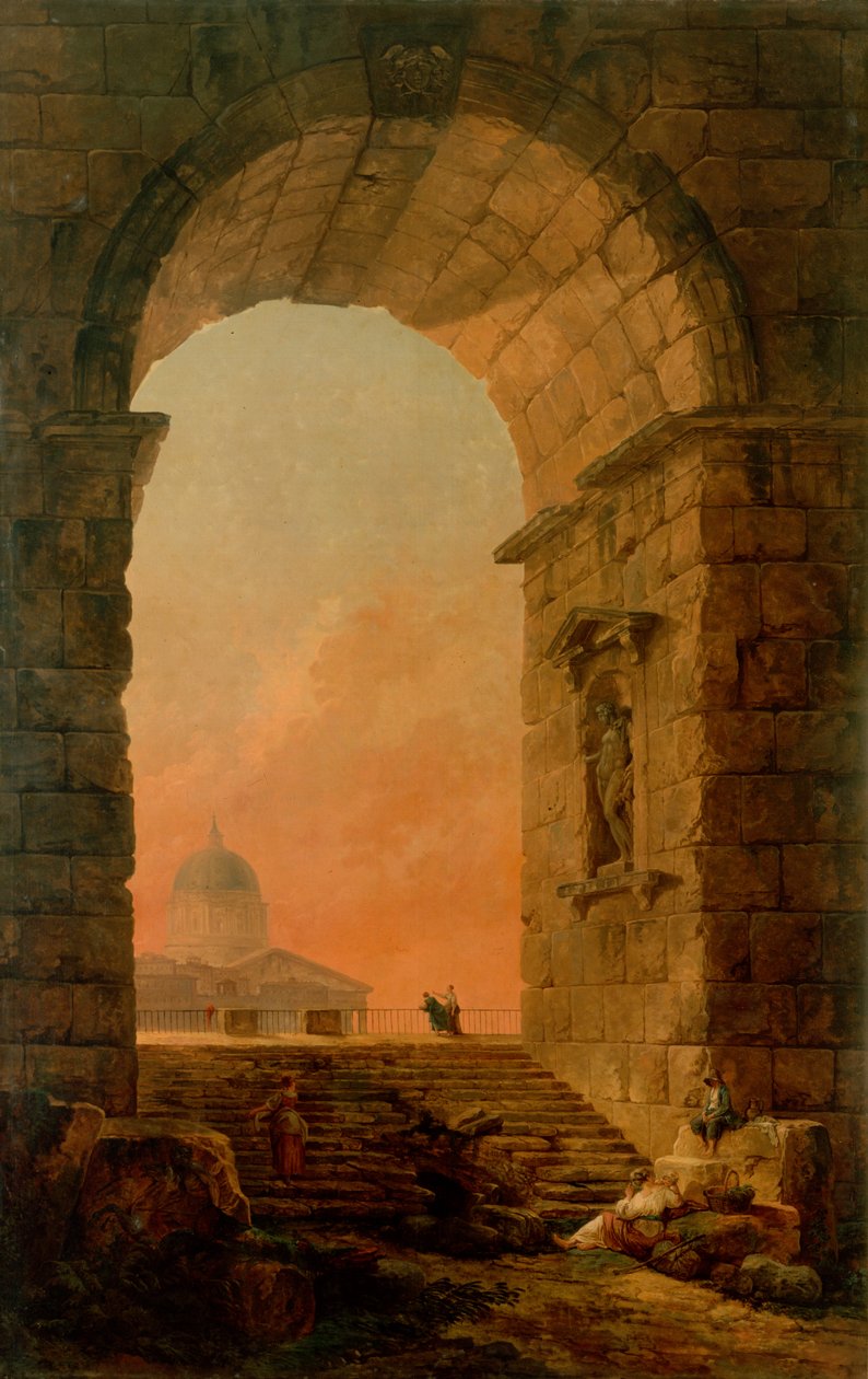 Krajobraz z łukiem i kopułą św. Piotra w Rzymie autorstwa Hubert Robert