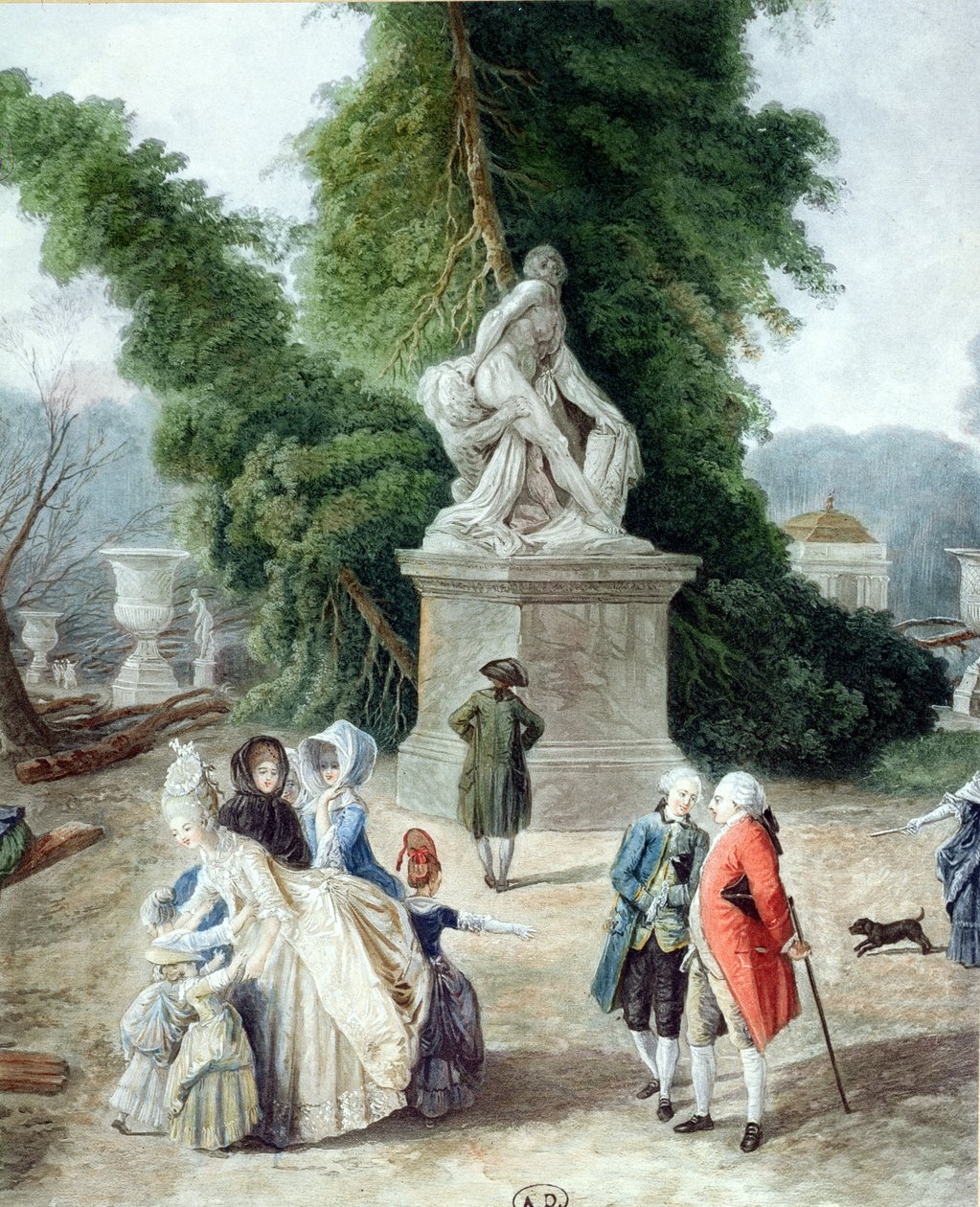 Ludwik XVI (1754-1793) i Maria Antonina (1755-1793) przy wejściu do Tapis Vert w Ogrodach Wersalskich, 1775 (rycina kolorowa) (detal) autorstwa Hubert Robert