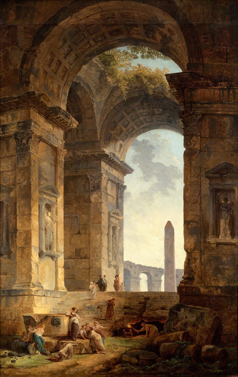 Ruiny z obeliskiem w oddali autorstwa Hubert Robert