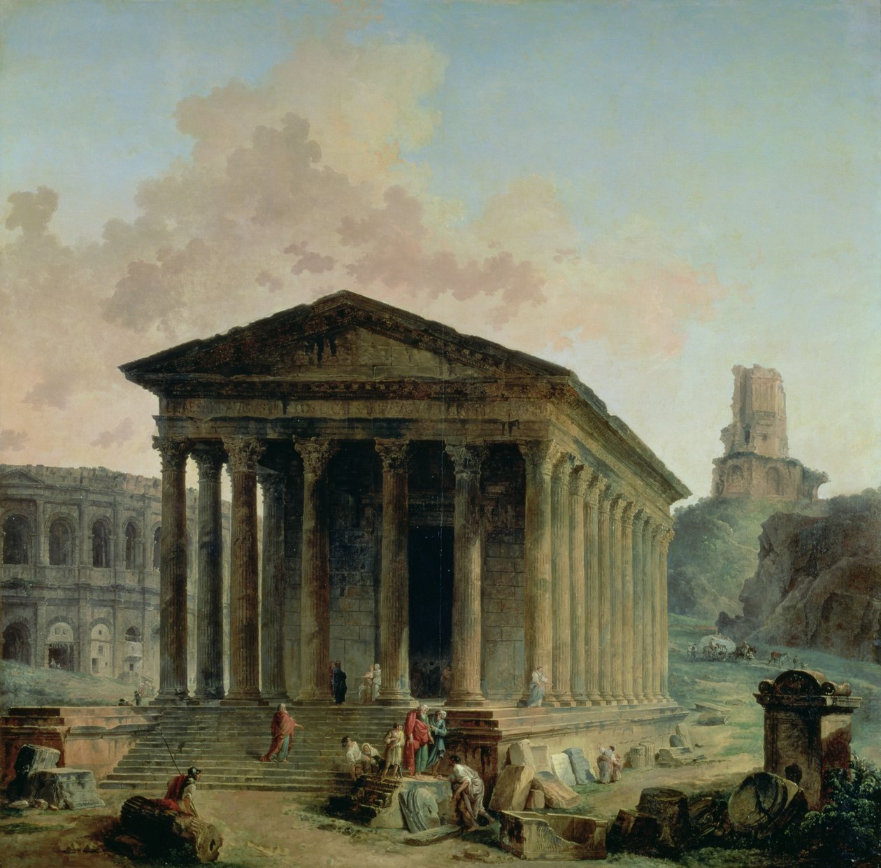 Maison Carree z amfiteatrem i Tour Magne w Nimes, 1786-87 autorstwa Hubert Robert