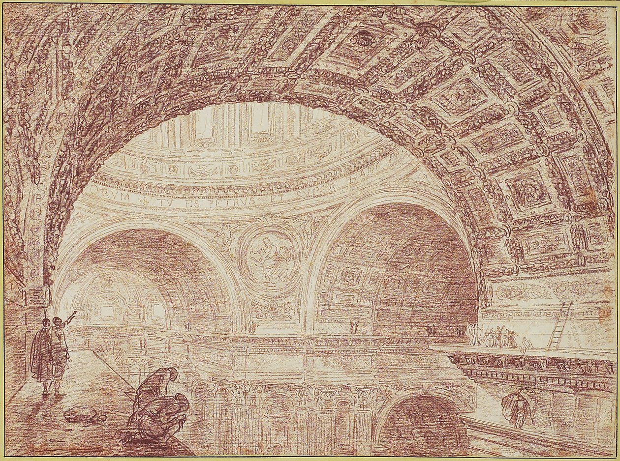 Widok sklepienia św. Piotra z gzymsu górnego, ok. 1763 r. (czerwona kreda na papierze wykładanym) autorstwa Hubert Robert