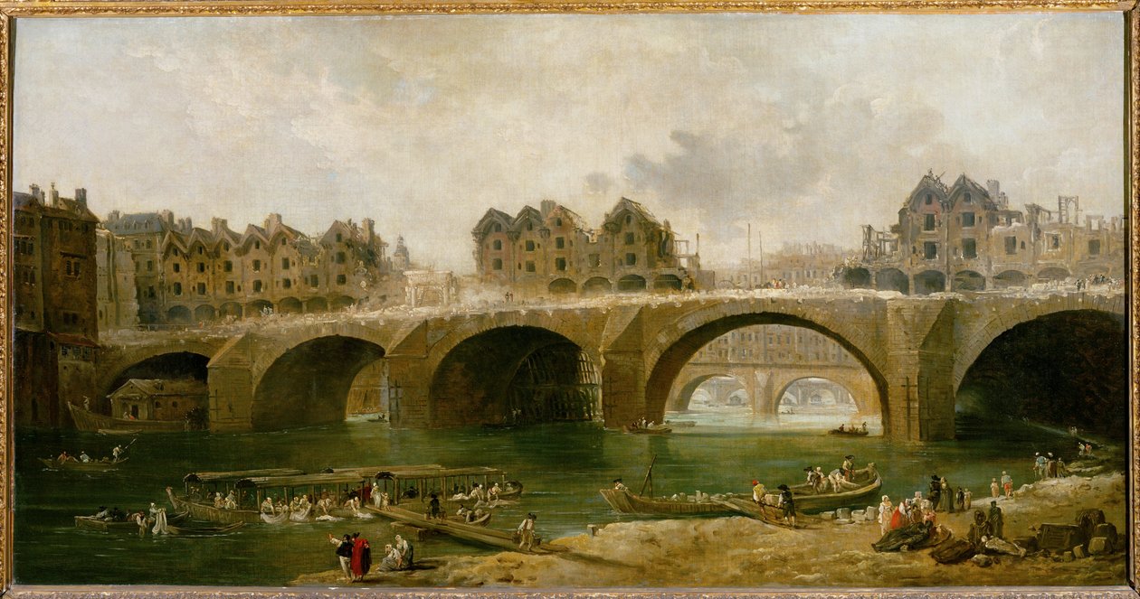 Rozbiórka domów na moście Notre-Dame w ... autorstwa Hubert (circle of) Robert