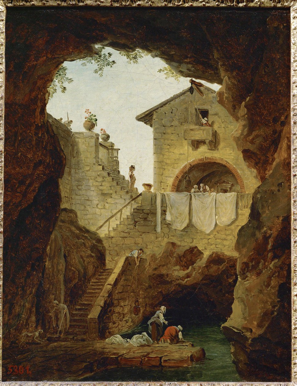 Lavandieres. La fontaine sous la grotte. Praczki. Fontanna w grocie ... autorstwa Hubert (circle of) Robert