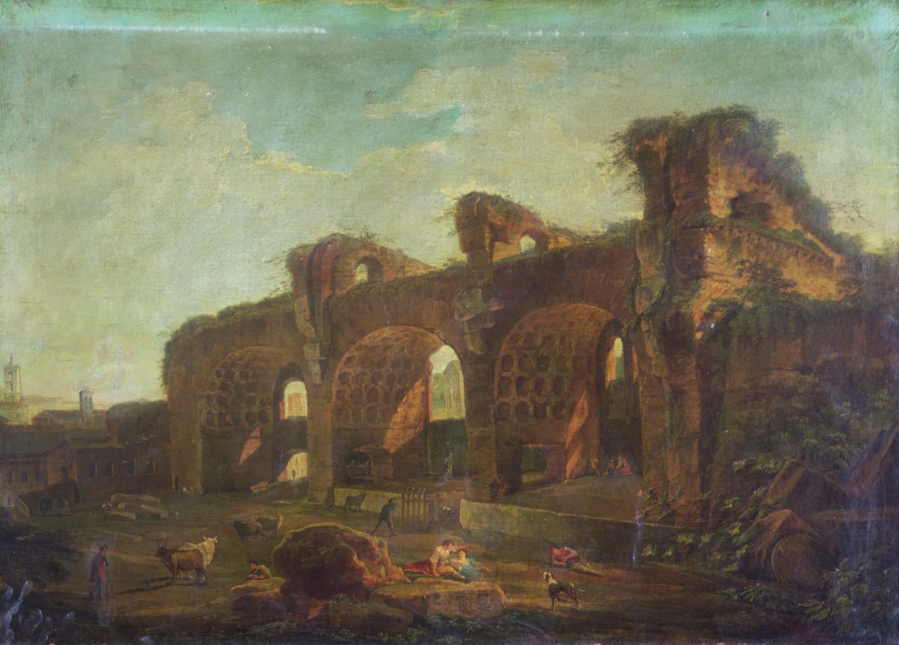 Bazylika Maksencjusza na Forum Romanum z chłopami i bydłem na pierwszym planie (olej na płótnie) autorstwa Hubert (circle of) Robert