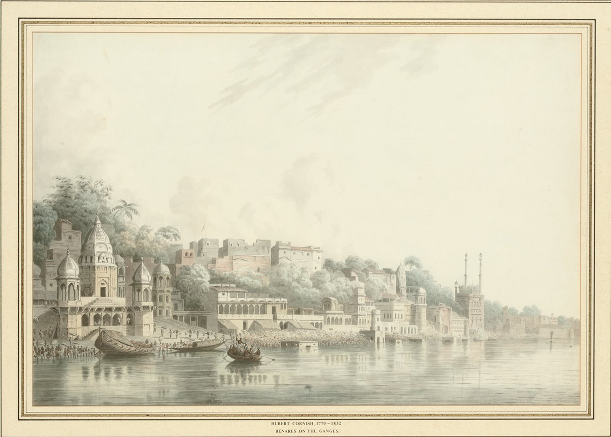 Benares nad Gangesem (ołówek, długopis i atrament oraz w/c na papierze) autorstwa Hubert Cornish