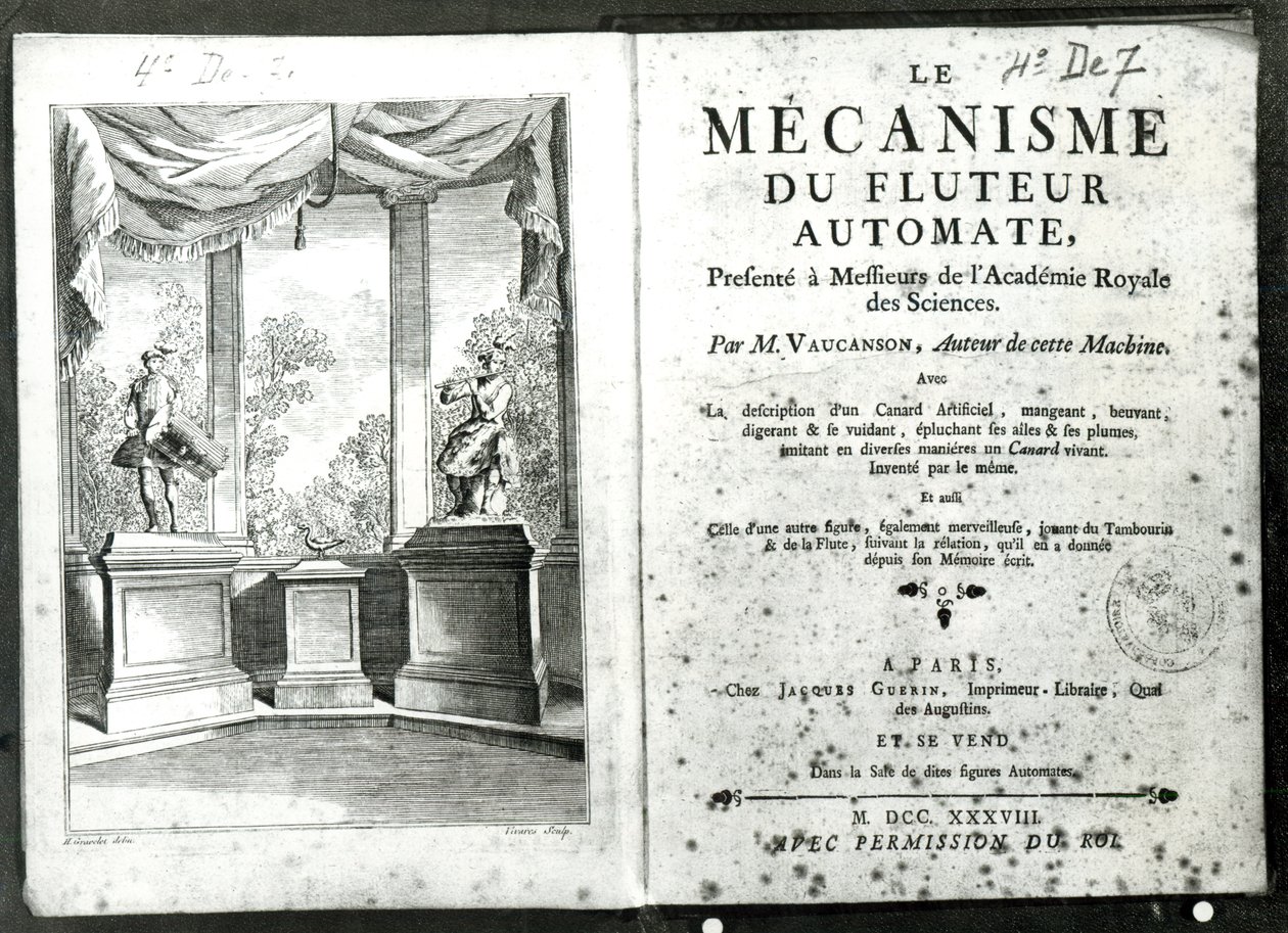 Automatons, ilustracja frontyspisu z „Le Mecanisme du fluteur automate” Jacquesa de Vaucansona, rycina Francois Vivares (1709-80) 1738 autorstwa Hubert Francois Gravelot