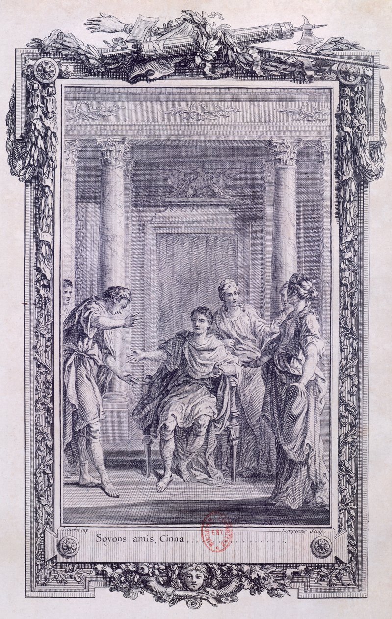 Cinna czyli Łaskawość Augusta, tragedia Pierre Corneille (1606-1684), rycina Gravelot (1699-1773) autorstwa Hubert Francois Gravelot