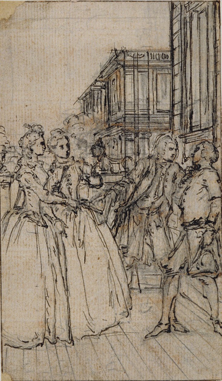 Ilustracja literacka z dwiema damami i dwoma dżentelmenami na ulicy autorstwa Hubert Francois Gravelot