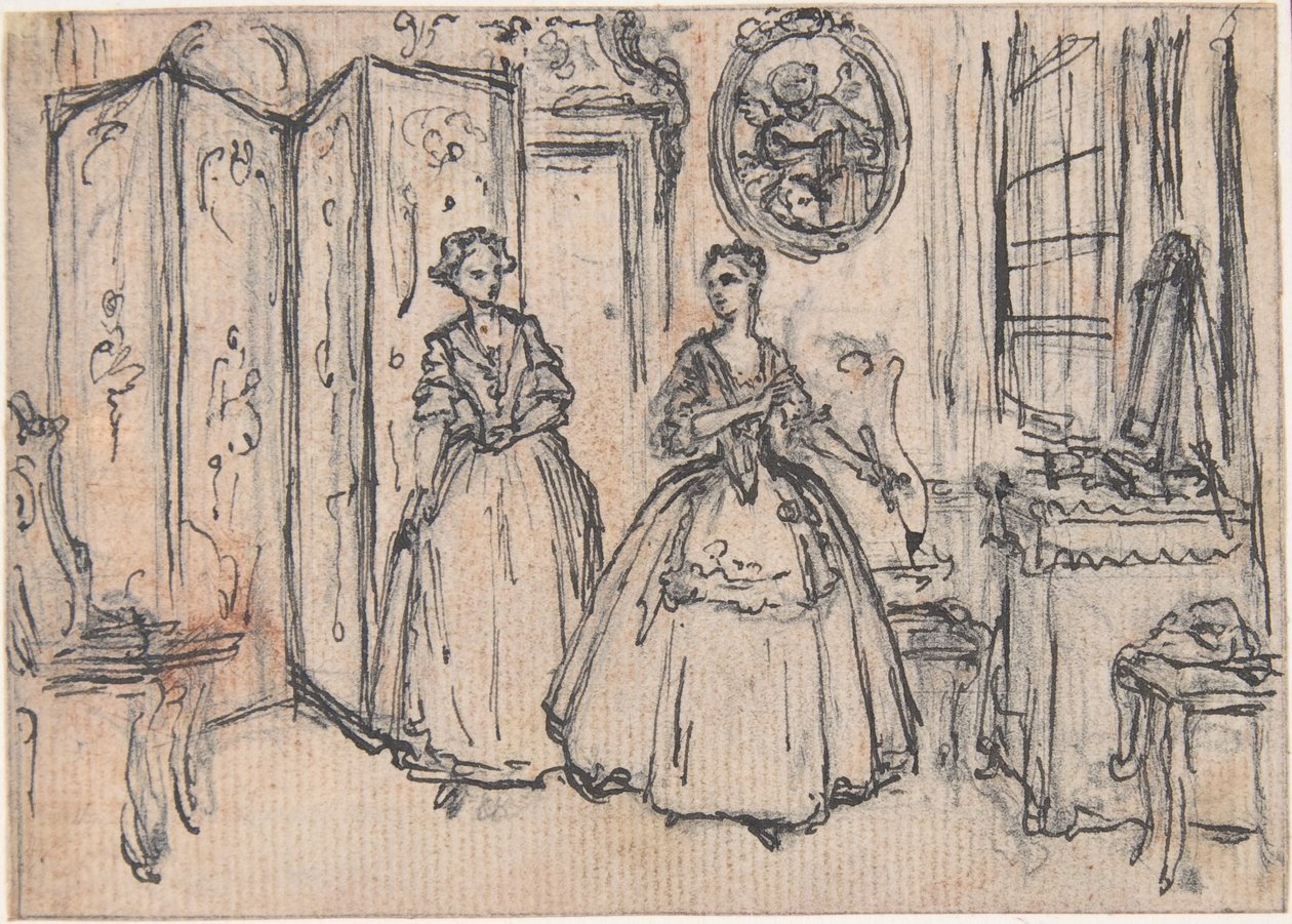 Studium do „O mocy strażnika”, trawiona winieta w „Pieśniach w operze Flora” autorstwa Hubert Francois Gravelot