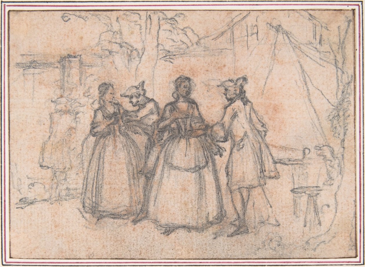 Studium do „Podejrzanego jarmarku”, rytowana winieta w „Pieśniach w operze Flora” autorstwa Hubert Francois Gravelot