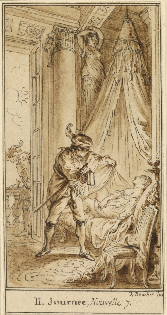 Dzień drugi, opowieść siódma: Książę Aten kontempluje śpiącą księżniczkę Alatiel autorstwa Hubert François Gravelot after François Boucher