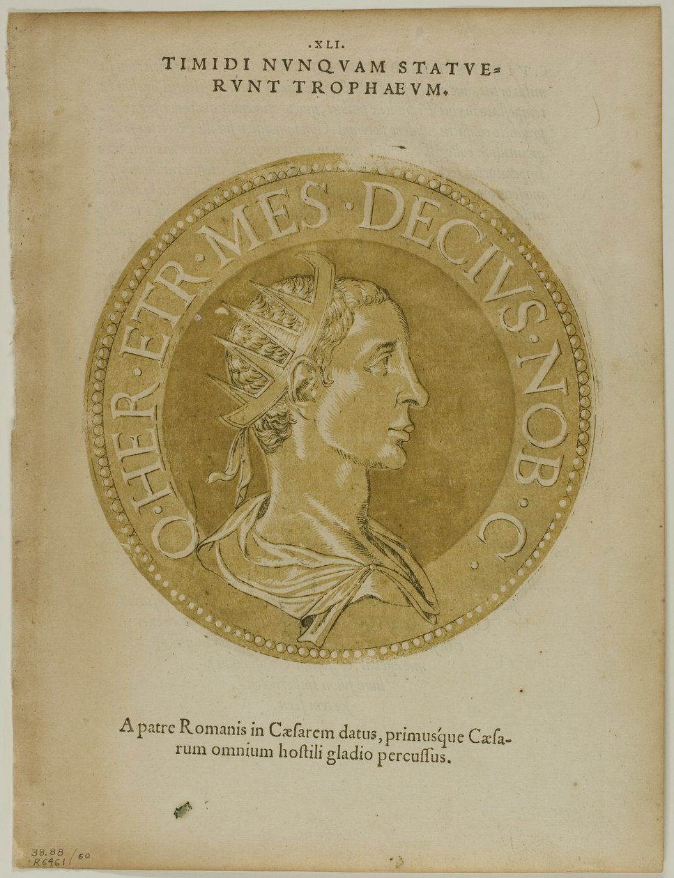 Cesarz Decjusz z Icones Imperatorum Romanorum, płyta 60 z drzeworytów z książek z XVI wieku autorstwa Hubert Goltzius
