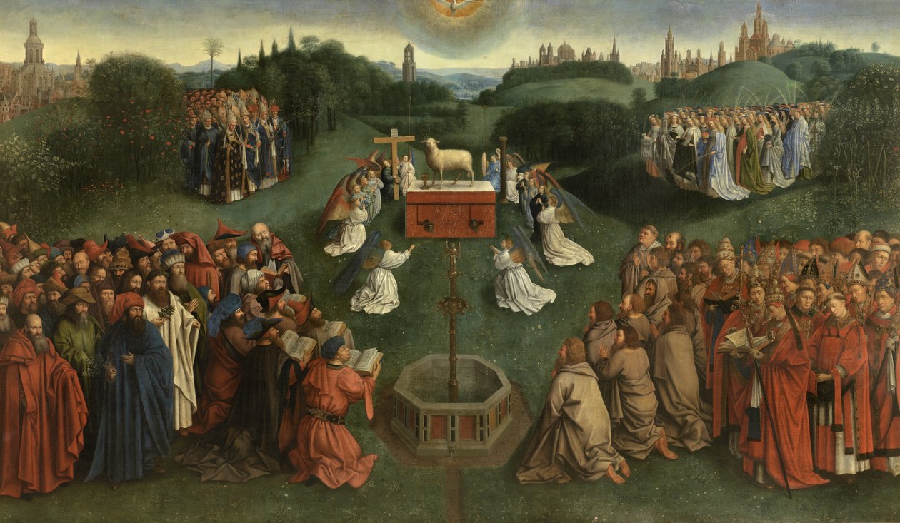 Kopia Adoracji Mistycznego Baranka z Ołtarza Gandawskiego, dolna połowa panelu centralnego (olej na desce) autorstwa Hubert & Jan van (1390 1441) (after) Eyck