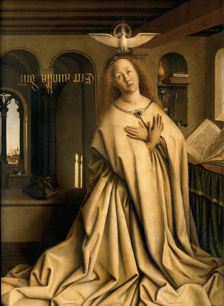 Fragment Virgin Annunciate, z zewnątrz prawego panelu Ołtarza Gandawskiego autorstwa Hubert & Jan van (1390 1441) Eyck