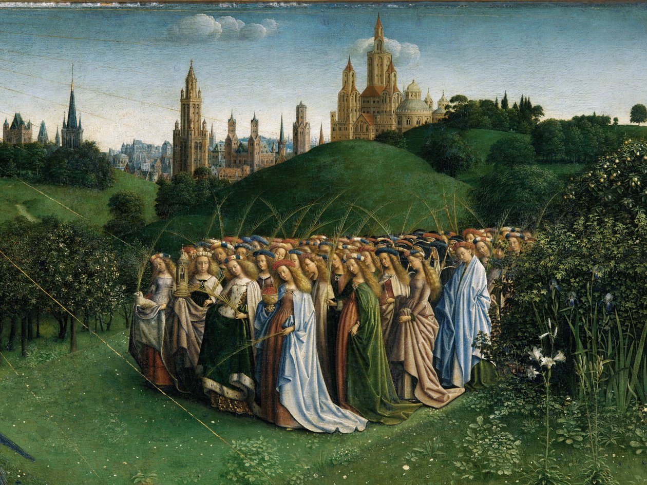 A Adoração do Cordeiro Místico, do Retábulo de Ghent, detalhe da metade inferior do polimento do painel central autorstwa Hubert & Jan van (1390 1441) Eyck